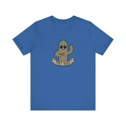 Blue t-shirt with a cartoon cactus wearing sunglasses holding a coffee cup.
