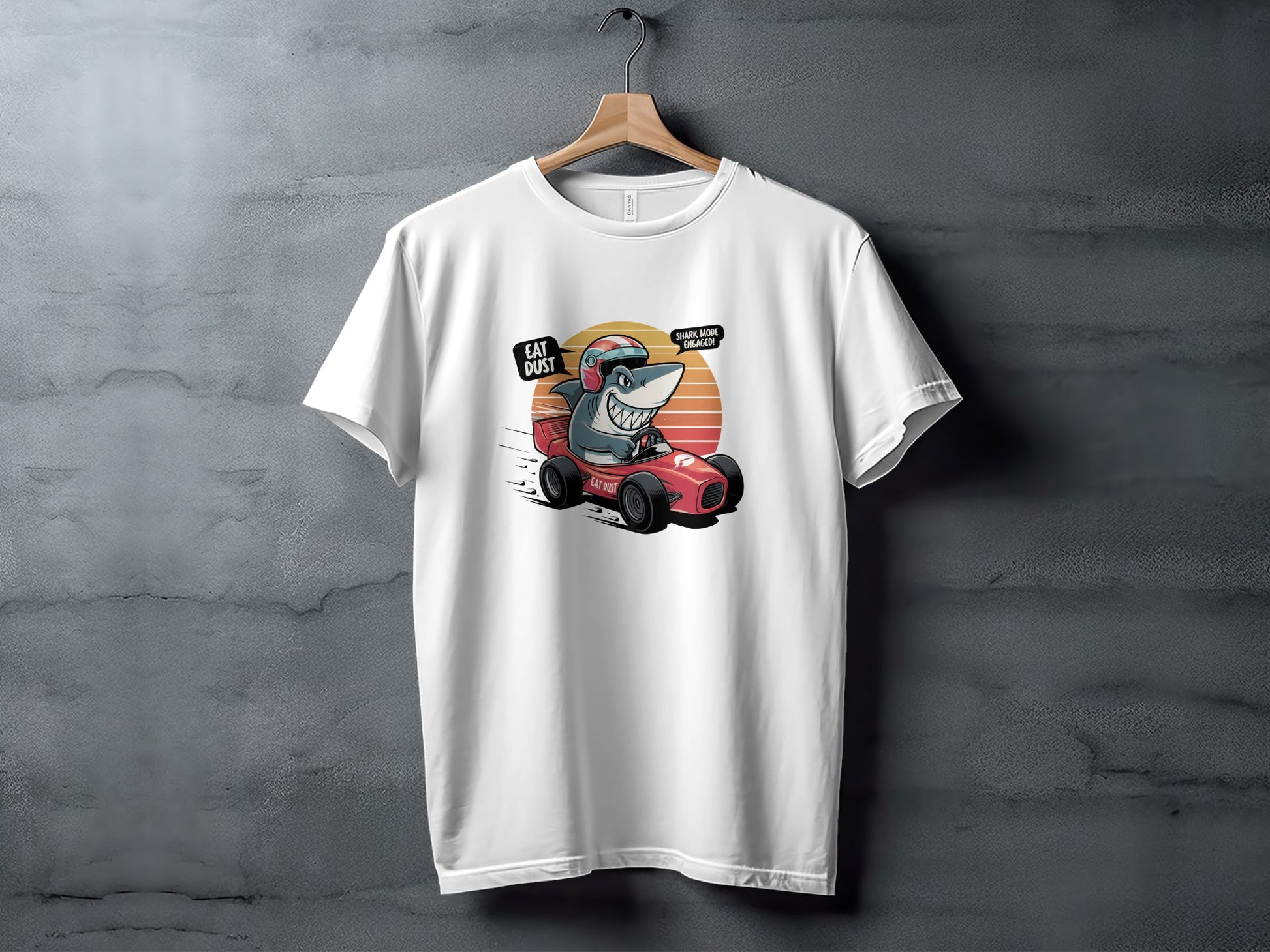 Cartoon Shark Racing Car Graphic White T-shirt product type