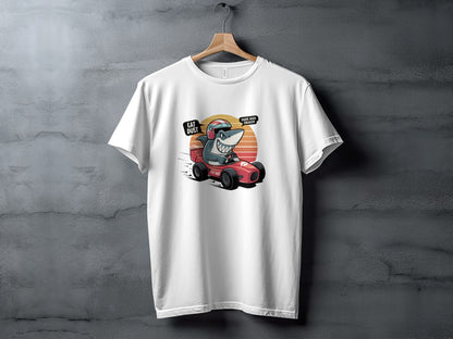 Cartoon Shark Racing Car Graphic White T-shirt product type
