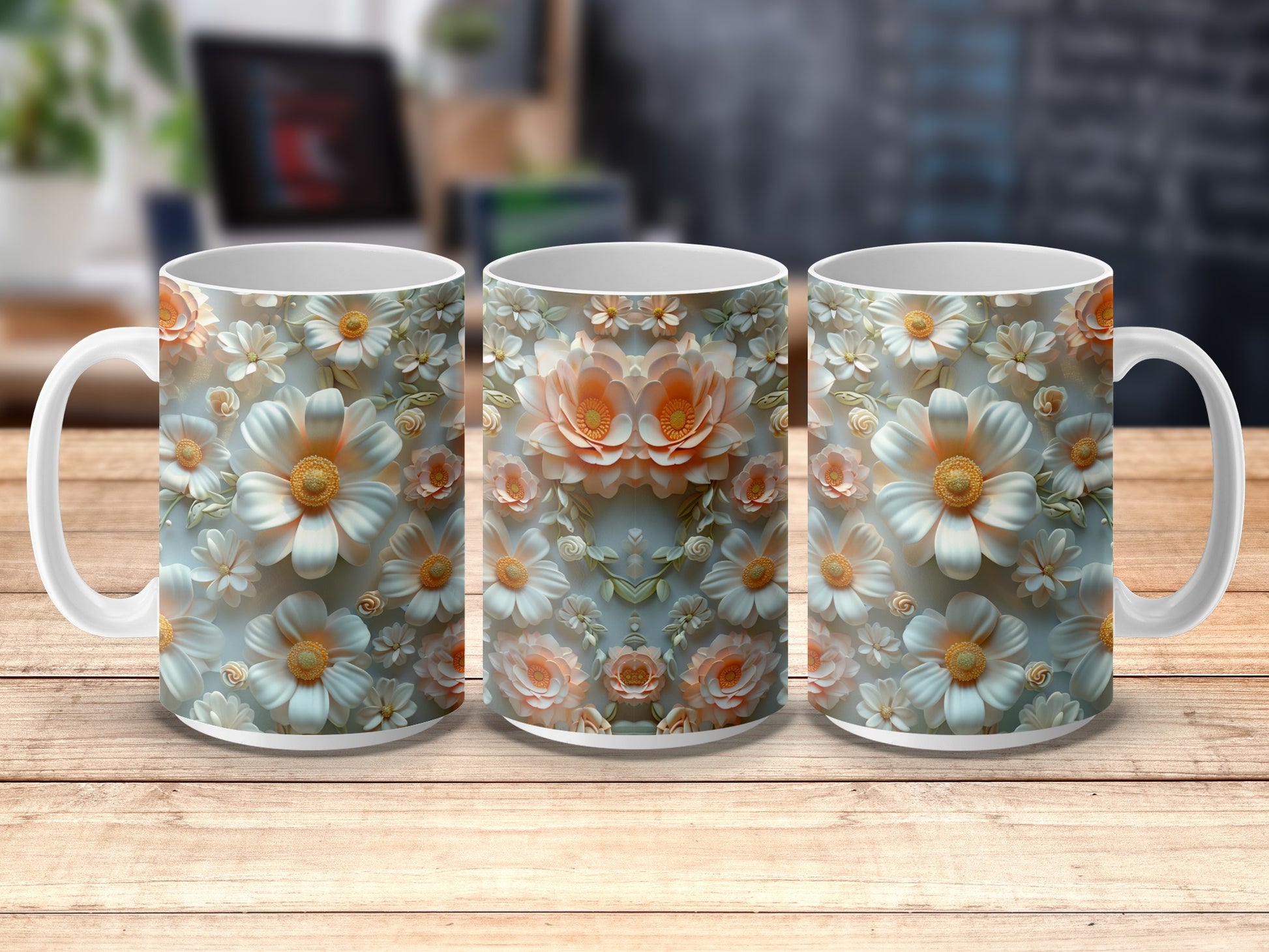 Floral Coffee Mug Set, Elegant Daisy and Rose Design, Ceramic Tea Cups, Perfect for Gift