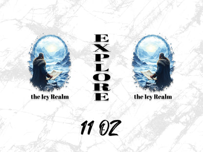 Explore The Icy Realm Mug, Arctic Explorer Art, Fantasy Wolf Design, Unique 11 oz Coffee Cup, Gift Idea