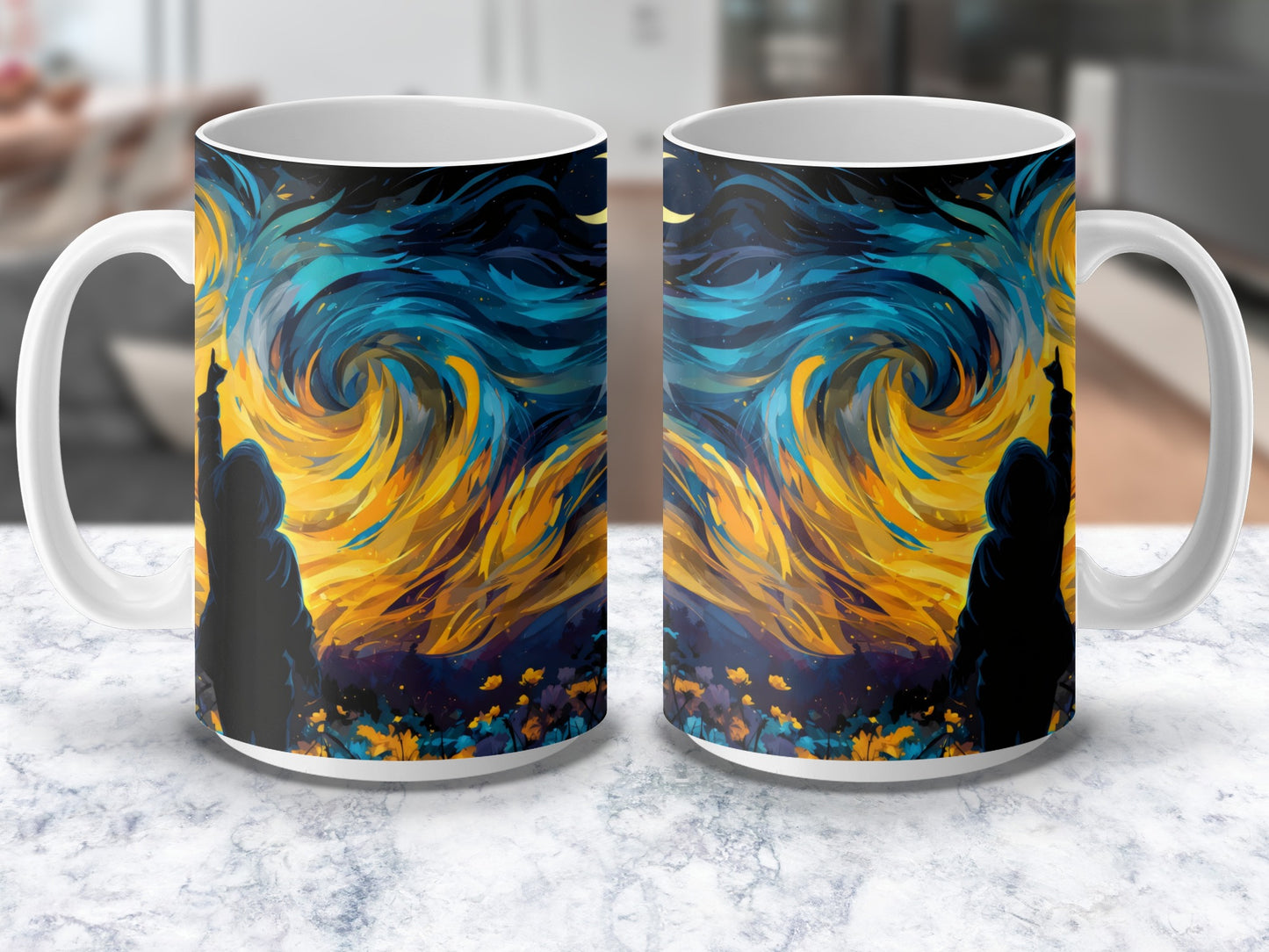 Van Gogh Inspired Starry Night Ceramic Mugs, Artistic Blue and Yellow Coffee Cups, Unique Gift Idea for Art Lovers