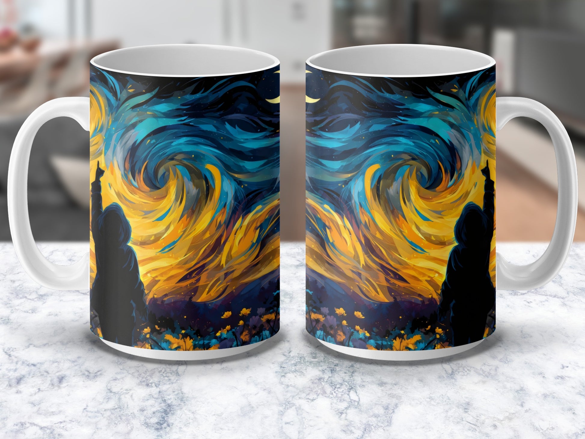 Van Gogh Inspired Starry Night Ceramic Mugs, Artistic Blue and Yellow Coffee Cups, Unique Gift Idea for Art Lovers