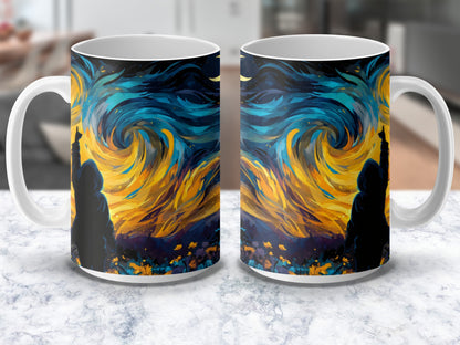 Van Gogh Inspired Starry Night Ceramic Mugs, Artistic Blue and Yellow Coffee Cups, Unique Gift Idea for Art Lovers