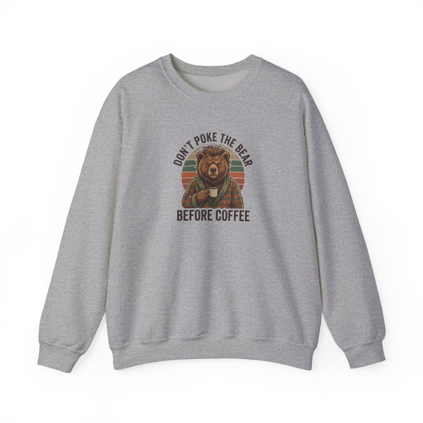 Gray sweatshirt with a bear wearing a plaid shirt drinking coffee.