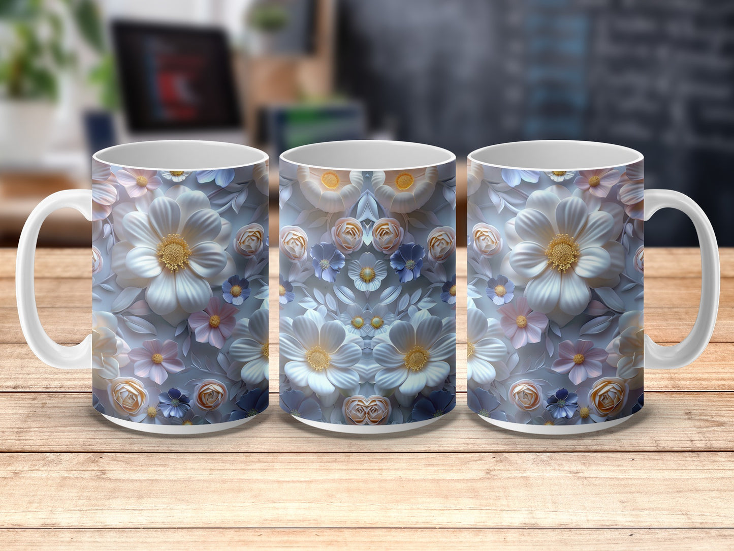 Set of 3 Floral Mugs, Elegant Blue and White Flower Coffee Cups, Perfect for Home or Office Decor