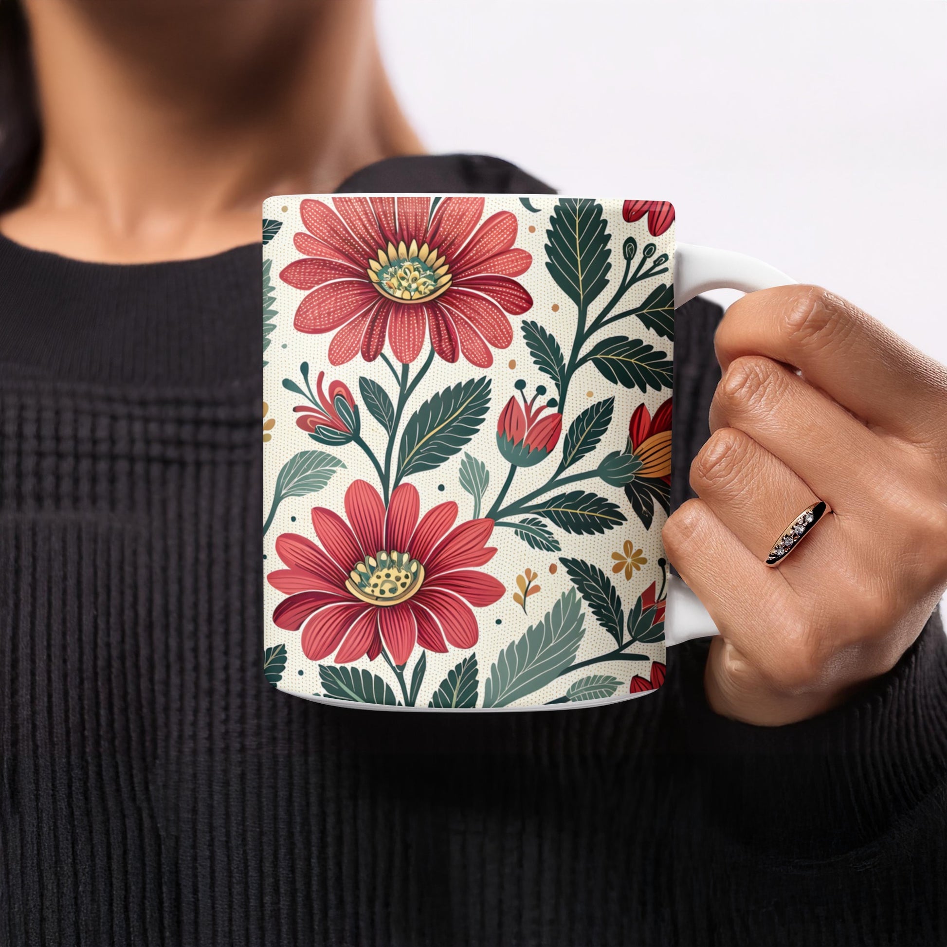 Beautiful Floral Red and Green Design Coffee Mug product