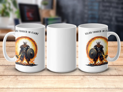 Viking Warrior Coffee Mug, Forged in Flame Design, Unique Fire Art Print, Norse Mythology Inspired Drinkware