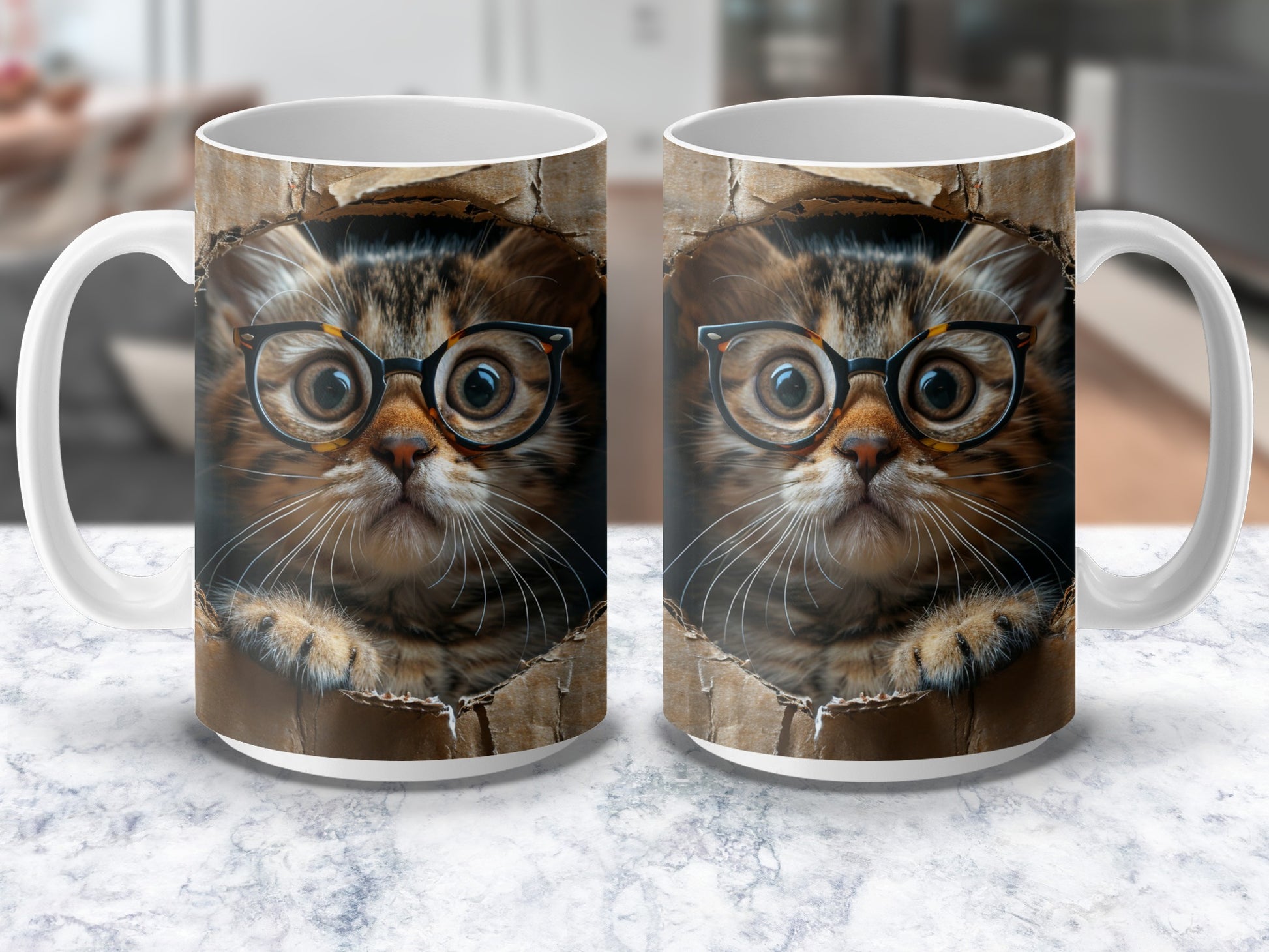 Cute Cat Coffee Mug with Glasses, Funny Kitten Face Tea Cup, Gift for Cat Lovers, Unique Office Mug, Animal Print Ceramic Cup