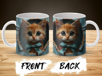 Cute Cat Mug with Bow Tie, Adorable Kitten Coffee Cup, Unique Cat Lover Gift, Front and Back Design