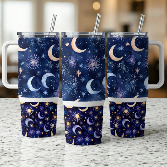 Celestial Pattern Tumbler Cups with Straws, Navy Blue Moon and Stars, Insulated Travel Cups Set of 3
