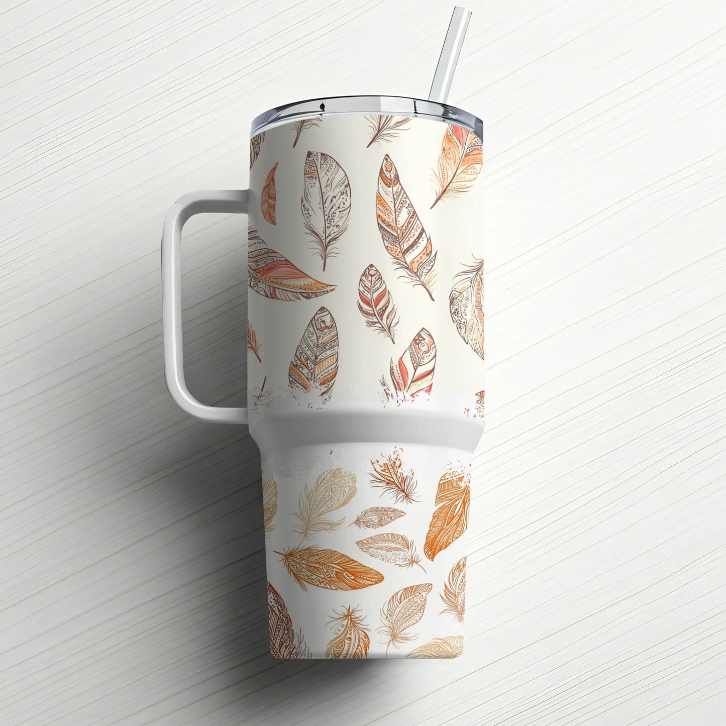 Autumn Feather Design Insulated Travel Mug, Stainless Steel Tumbler with Straw, 20 oz