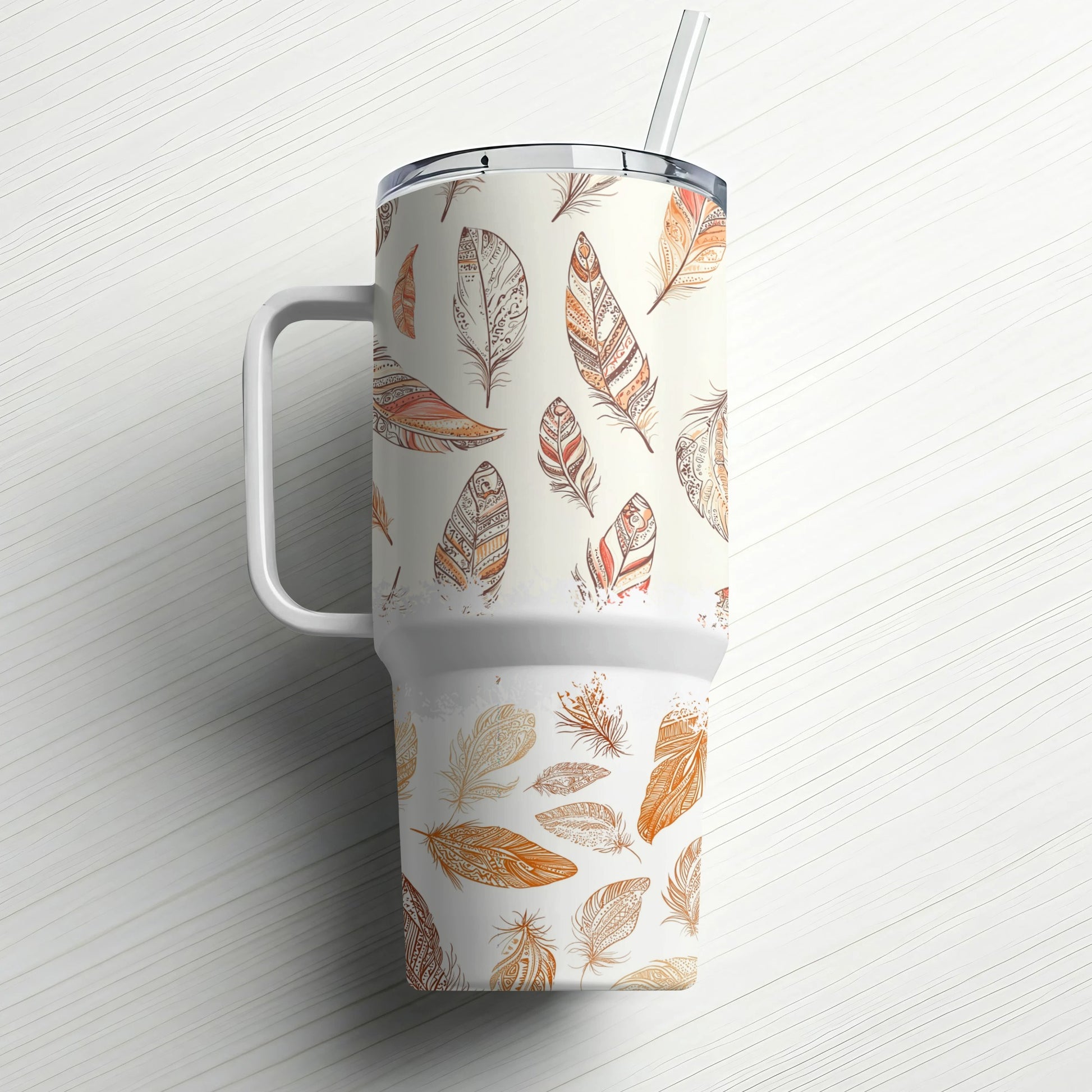 Autumn Feather Design Insulated Travel Mug, Stainless Steel Tumbler with Straw, 20 oz