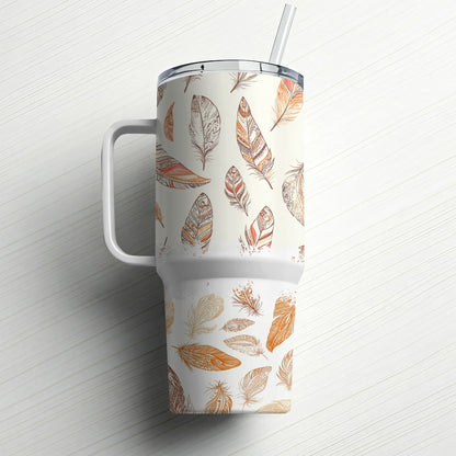 Autumn Feather Design Insulated Travel Mug, Stainless Steel Tumbler with Straw, 20 oz