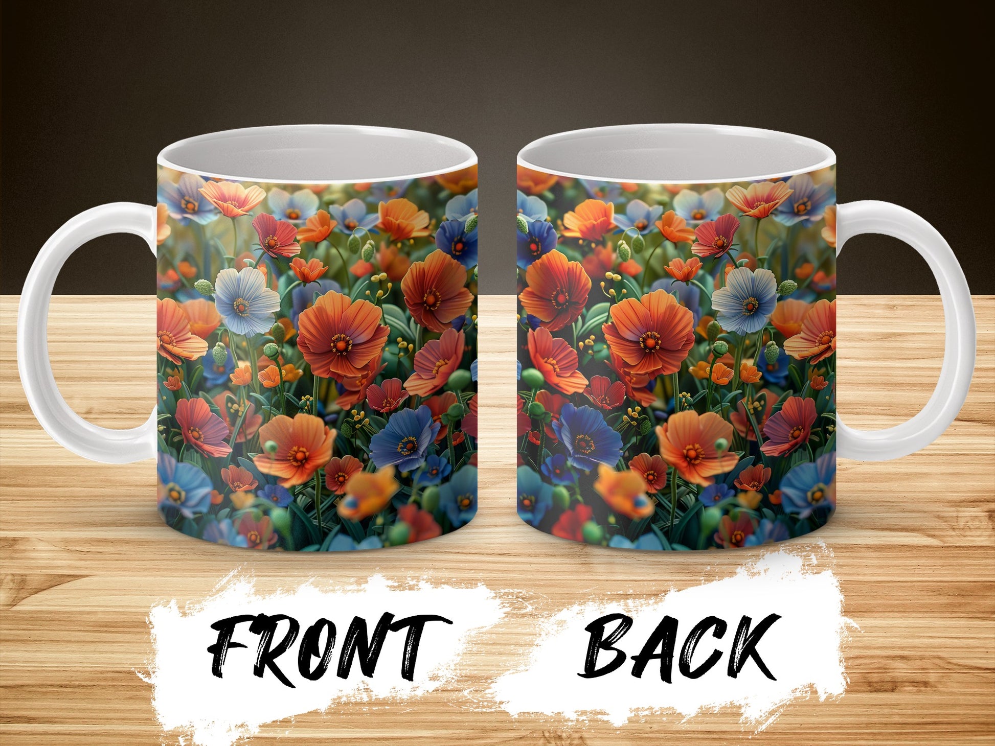 Colorful Floral Coffee Mug, Vibrant Poppy Flower Print, Unique Ceramic Cup for Gift, Front and Back Design