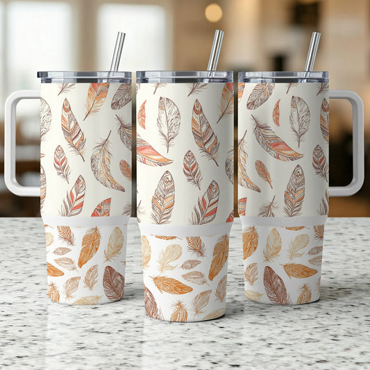 Autumn Leaf Pattern Insulated Tumblers with Straws, Fall Colors Travel Cups, Stainless Steel Drinkware Set of Three