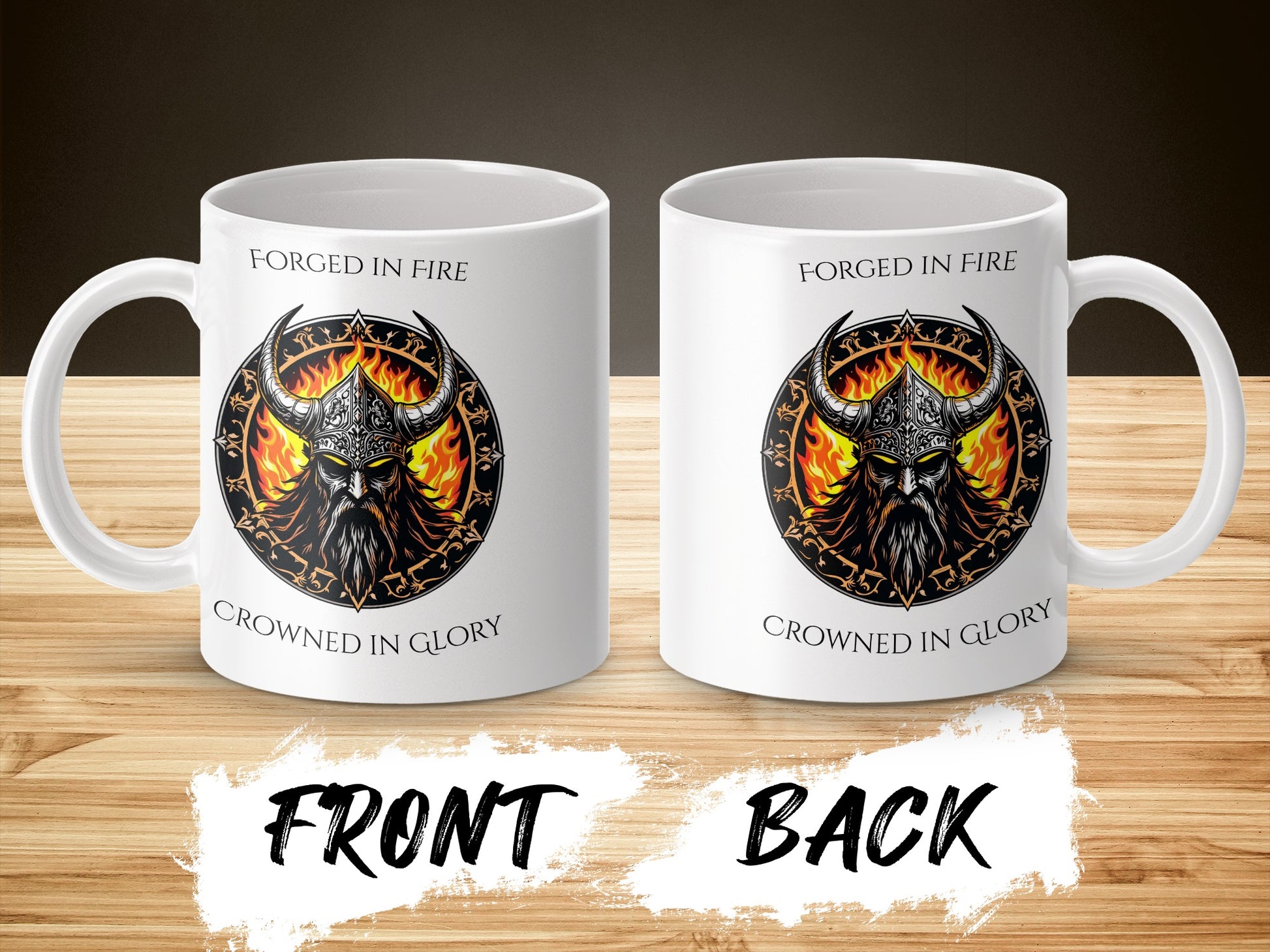 Viking Helmet Fire Graphic Mug, Forged in Fire Crowned in Glory, Unique Coffee Cup Gift, Warrior Design, Front and Back Print