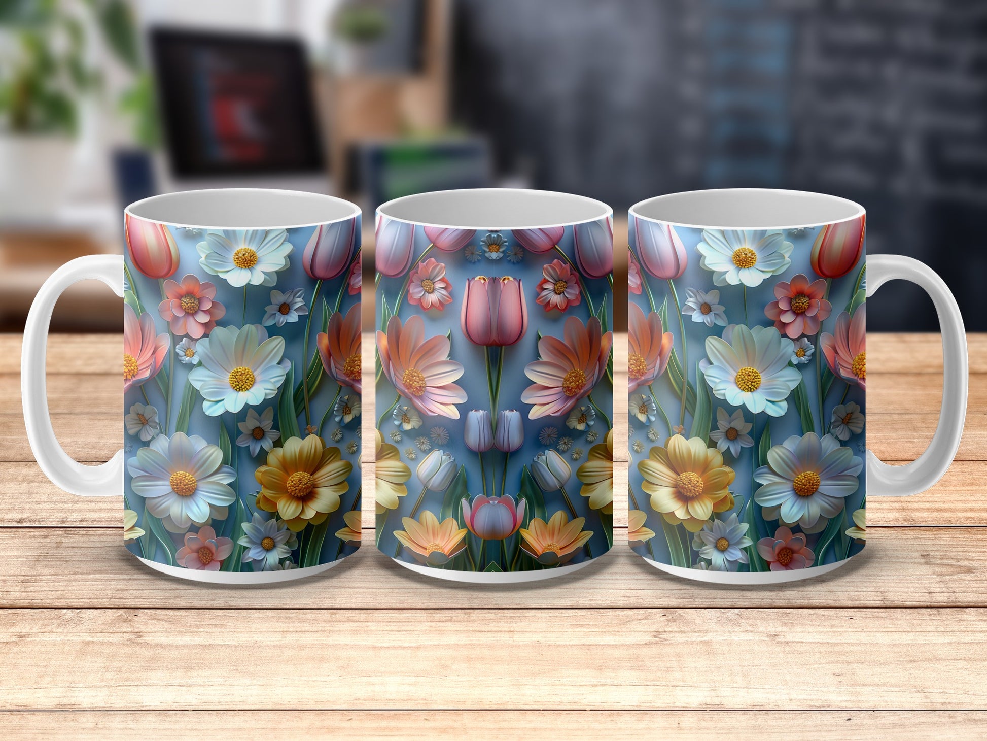 Floral Coffee Mugs Set Vintage Blue Spring Blossom Design Ceramic Cups
