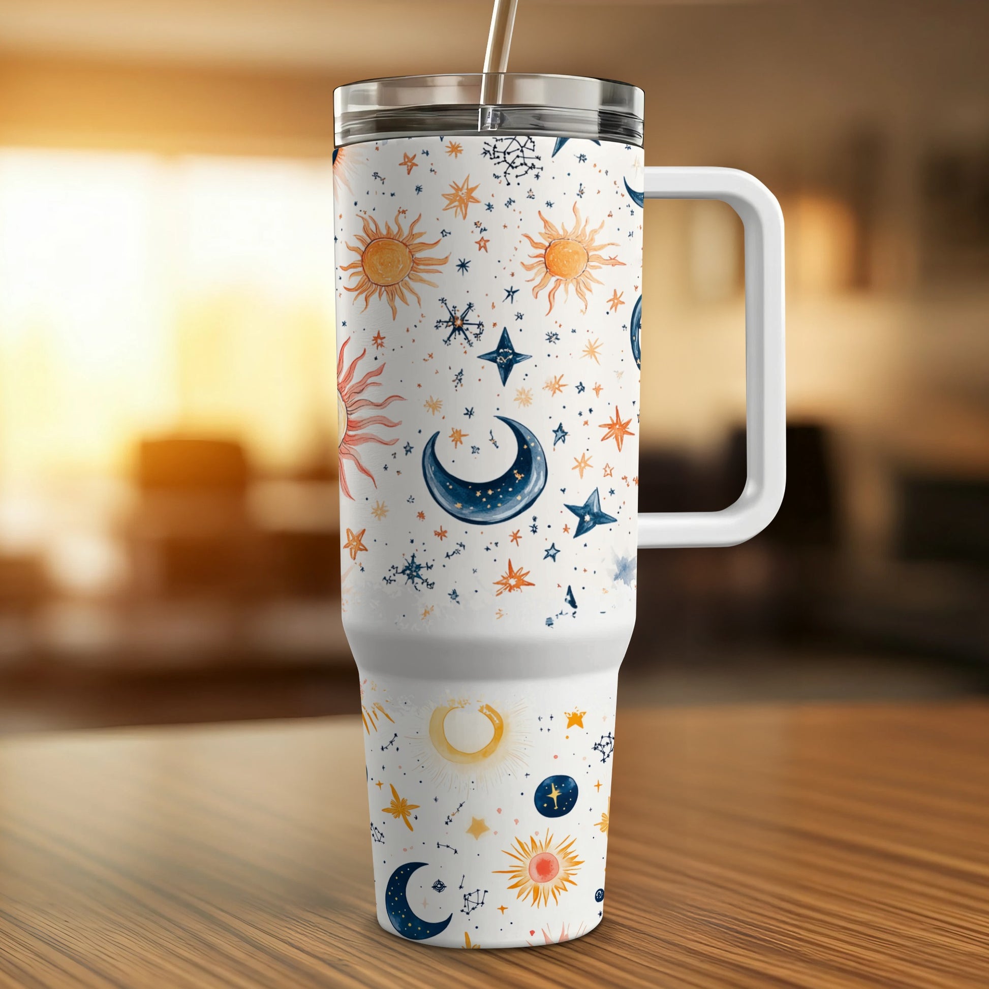 Celestial Travel Mug, Sun Moon Stars Design, Insulated Tumbler, White Coffee Cup, Unique Gift Idea