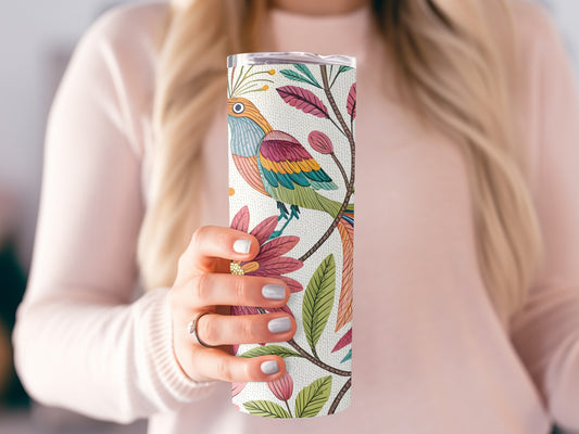 Colorful Bird and Floral Design on Tumbler Product