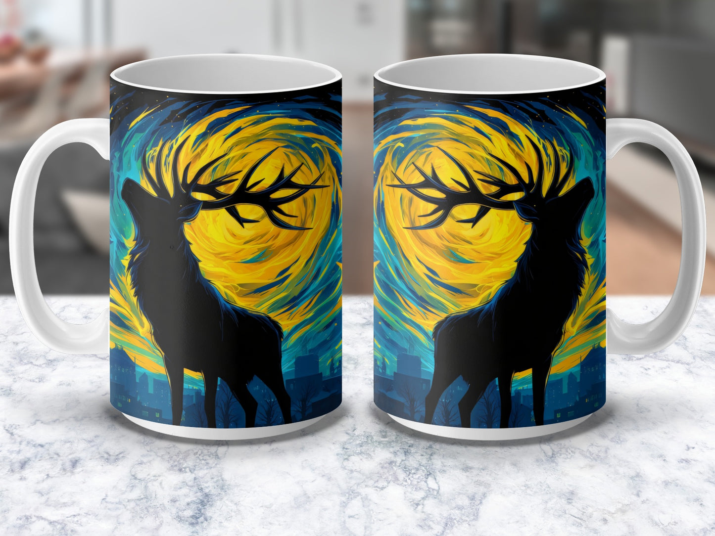 Colorful Deer Silhouette Coffee Mug, Artistic Wildlife Urban Skyline, Unique Gift Idea for Nature Lovers