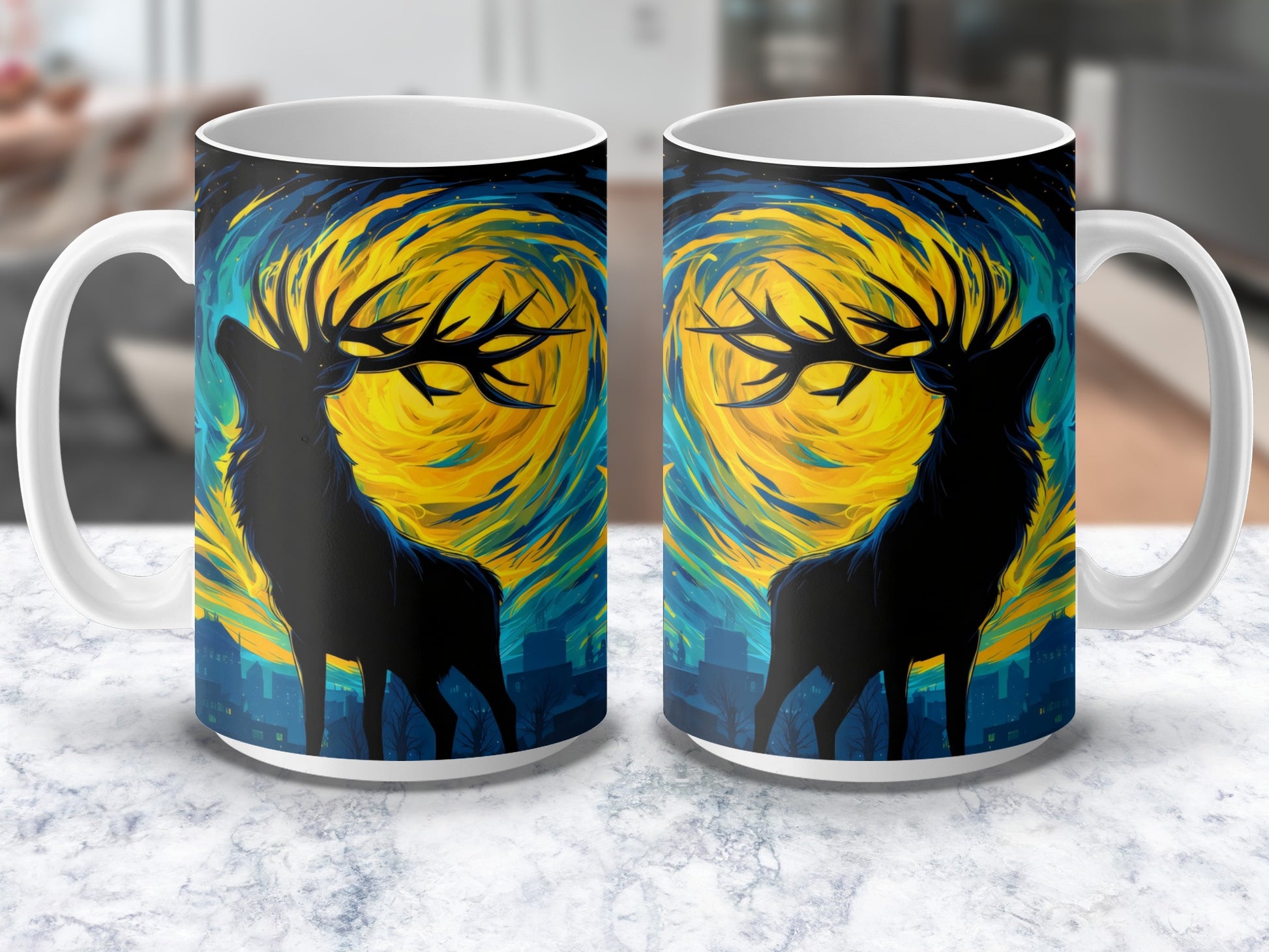 Colorful Deer Silhouette Coffee Mug, Artistic Wildlife Urban Skyline, Unique Gift Idea for Nature Lovers