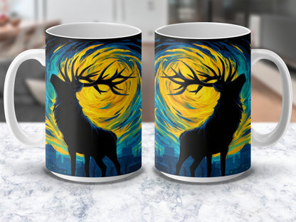 Colorful Deer Silhouette Coffee Mug, Artistic Wildlife Urban Skyline, Unique Gift Idea for Nature Lovers