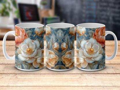 Floral Pattern Coffee Mugs, Elegant Blue and Peach Flower Design, Ceramic Tea Cups Set of 3, Gift Idea