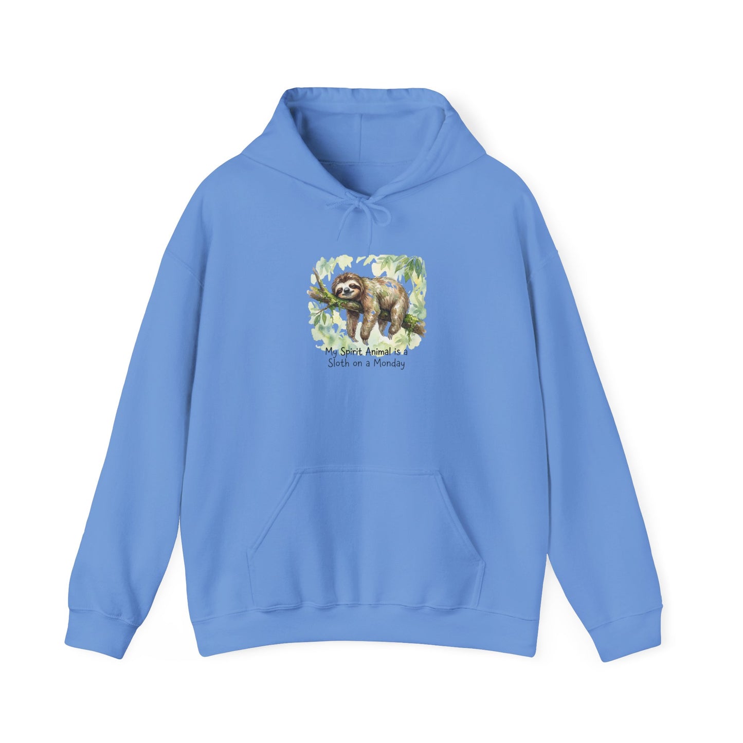 Blue hoodie featuring a sloth illustration with text "My Spirit Animal is a Sloth on a Monday".