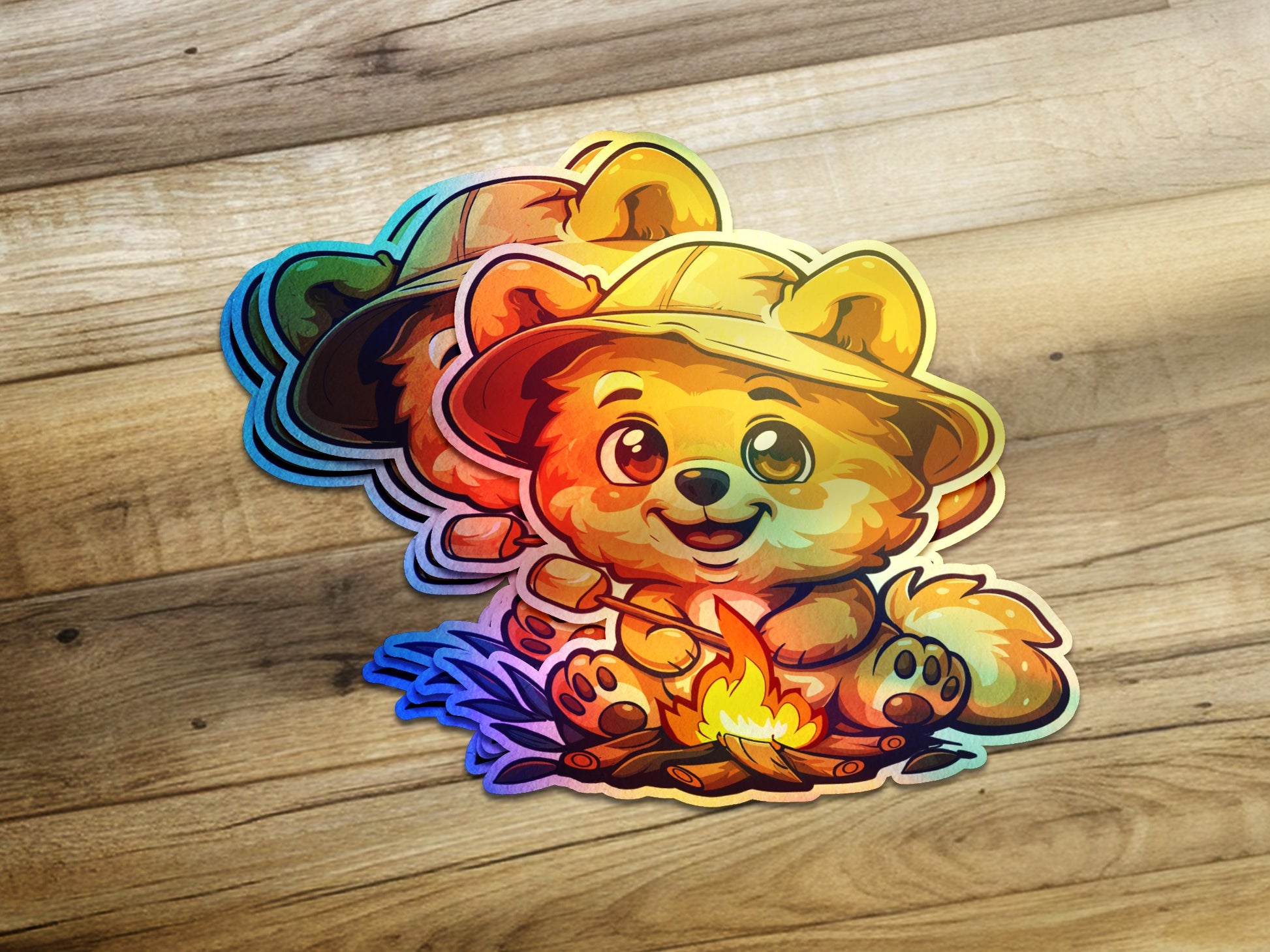 Adorable Bear in Hat Camping with Fire Sticker product type