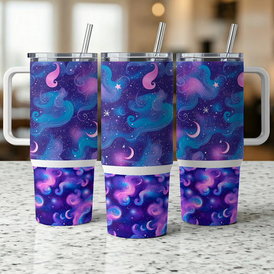 Galaxy Print Tumbler 20 oz, Reusable Stainless Steel Cup with Straw, Starry Night Travel Mug, Insulated Cold Drink Tumbler, Unique Gift Idea