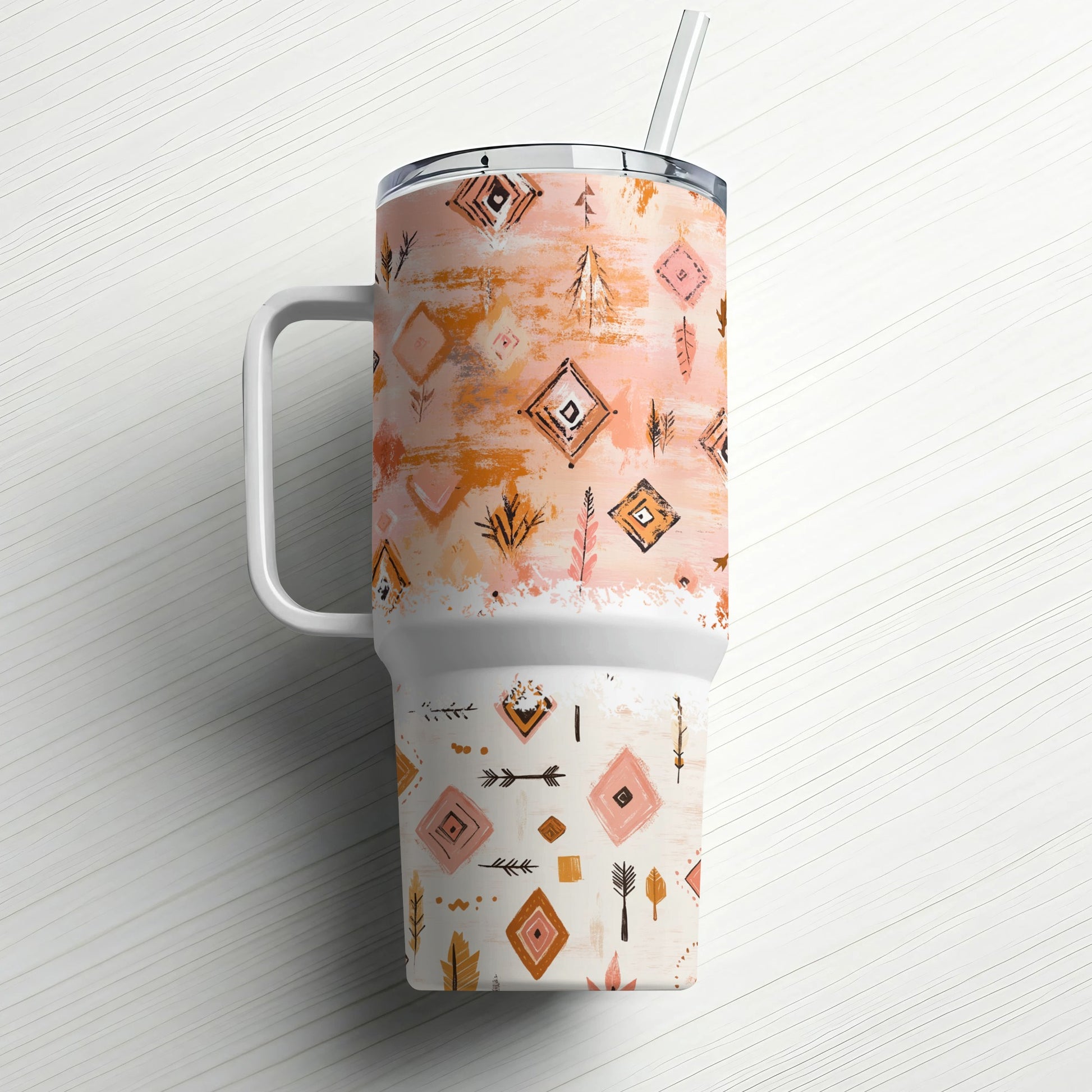 Bohemian Travel Mug, Stainless Steel Insulated Cup, Tribal Pattern Tumbler with Lid and Straw, Unique Gift Idea