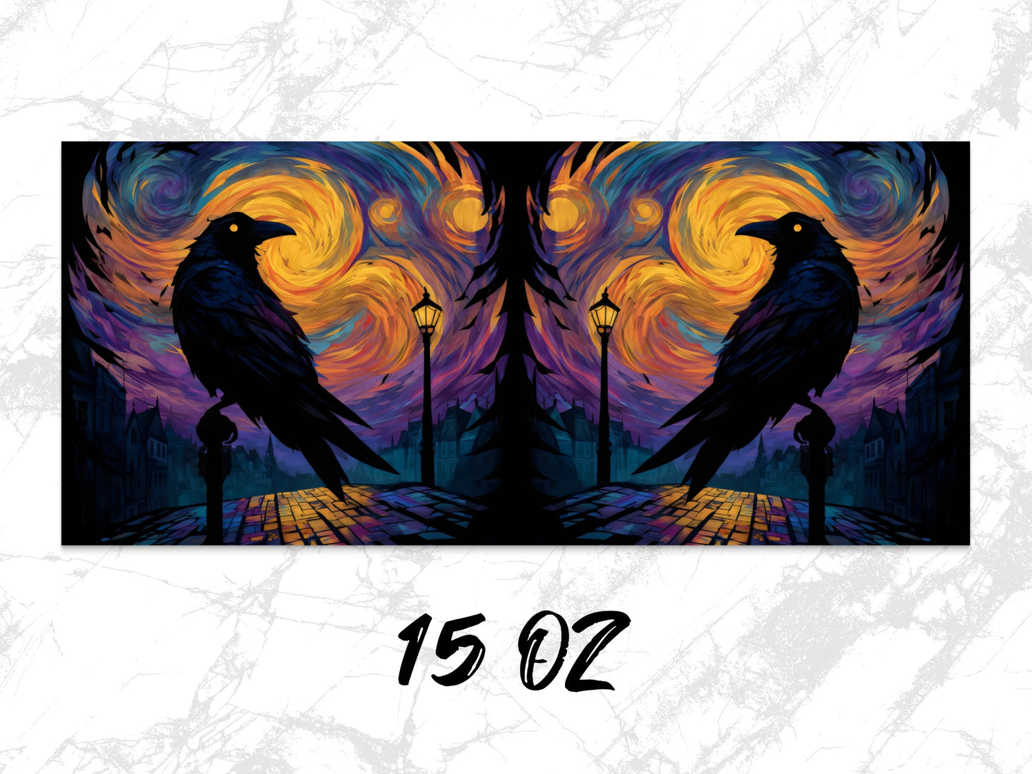 Raven Night Art Print, Colorful Swirl Sky, Gothic Wall Decor, Double Canvas Painting, 15oz