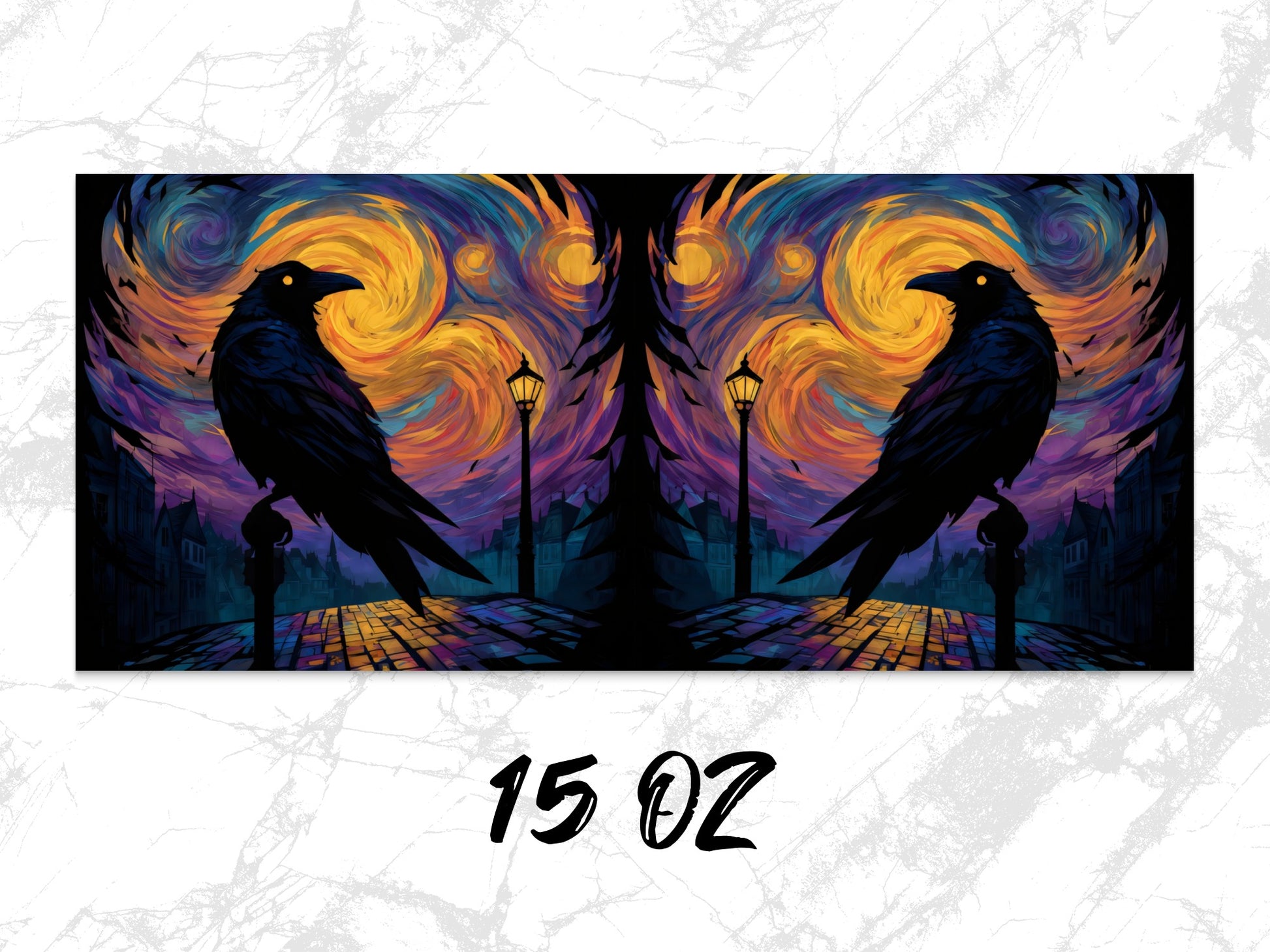 Raven Night Art Print, Colorful Swirl Sky, Gothic Wall Decor, Double Canvas Painting, 15oz