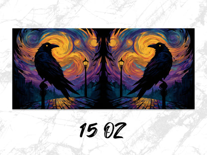 Raven Night Art Print, Colorful Swirl Sky, Gothic Wall Decor, Double Canvas Painting, 15oz