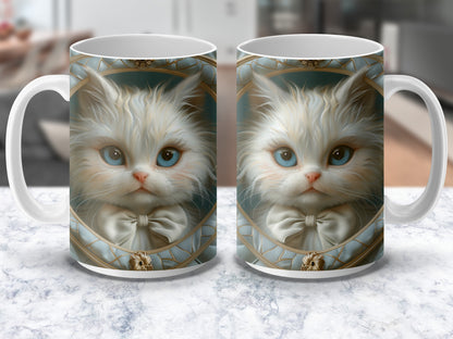 Cute Cat Mug, Fluffy White Kitten with Blue Eyes, Art Deco Style Coffee Cup, Unique Cat Lover Gift, 11 oz Ceramic Mug