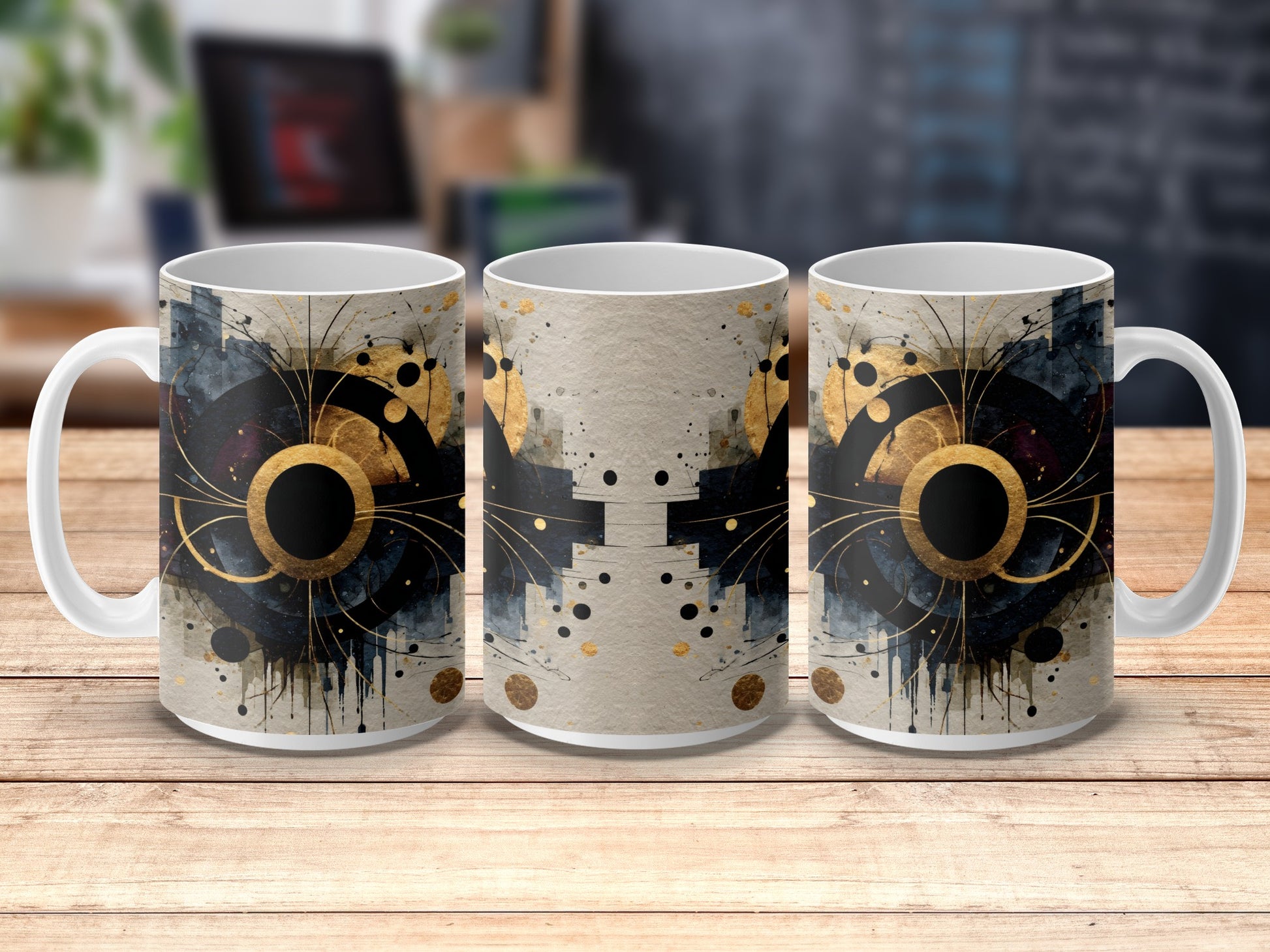 Abstract Art Coffee Mugs, Modern Design Ceramic Cups, Black Gold Decor, Unique Drinkware Set