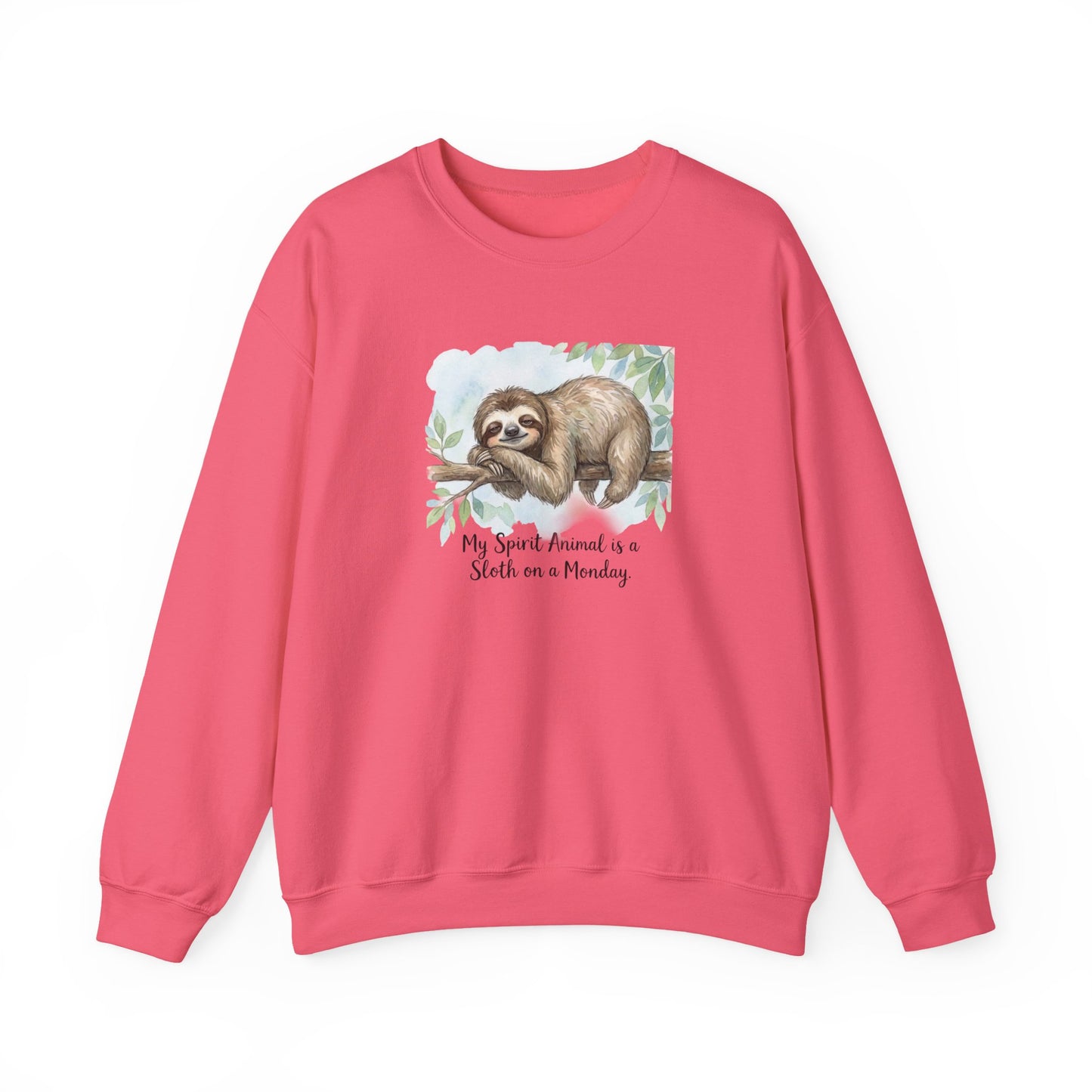 Pink sweatshirt with a watercolor sloth graphic and text "My Spirit Animal is a Sloth on a Monday".