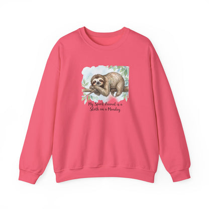 Pink sweatshirt with a watercolor sloth graphic and text "My Spirit Animal is a Sloth on a Monday".