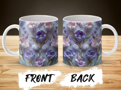 Floral Coffee Mug, Elegant Purple Flower Print, Ceramic Tea Cup, Front and Back Design, Unique Gift Idea