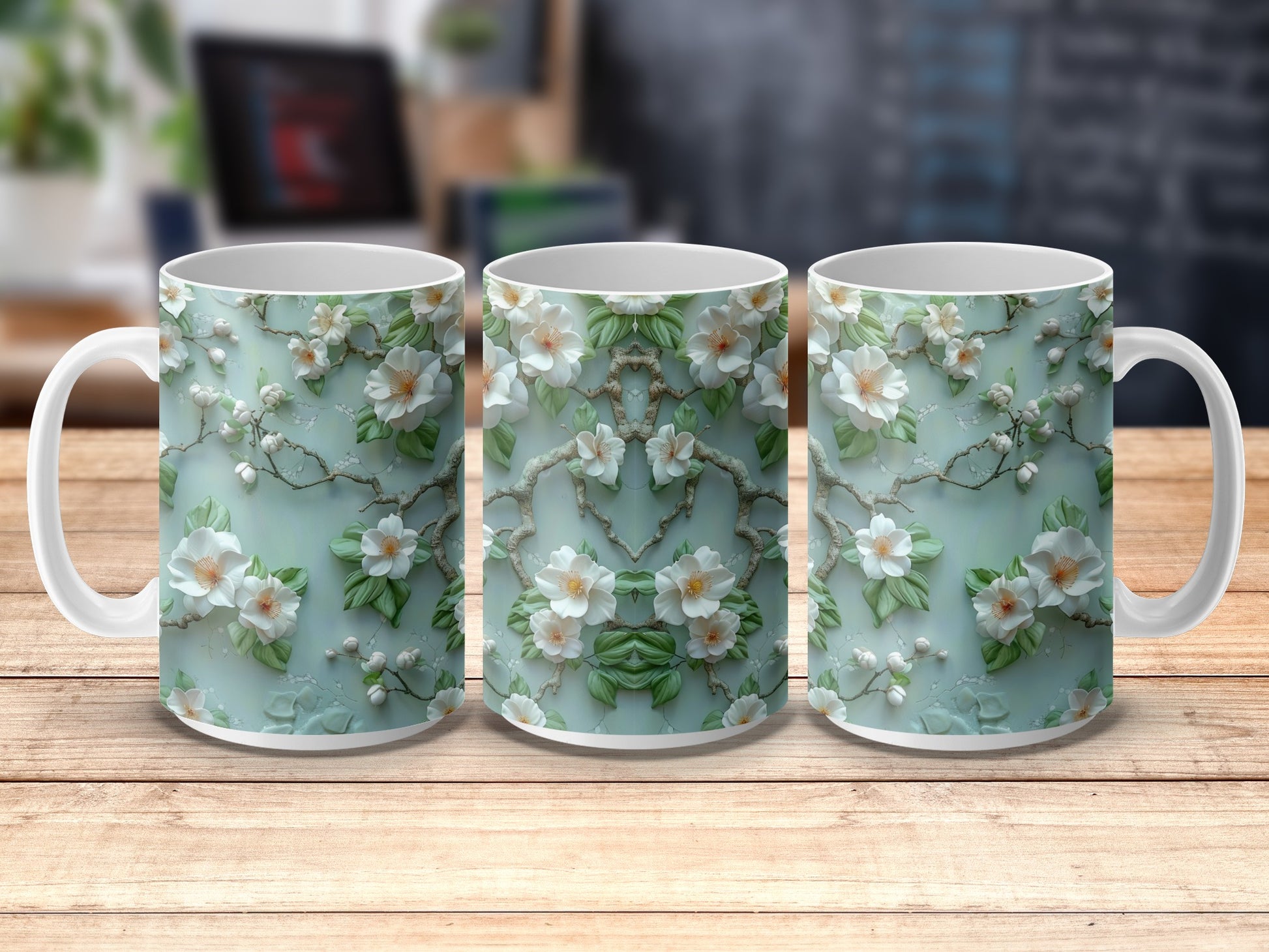 Floral Coffee Mugs, Set of 3 White Blossom Ceramic Cups, Spring Kitchen Decor, Gift Idea