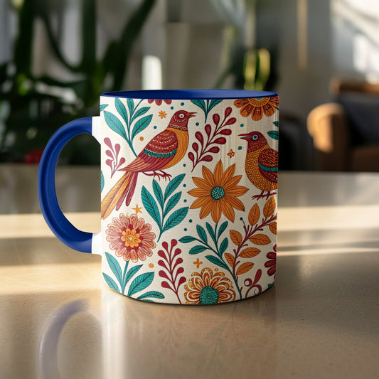 Colorful Floral Birds Print Blue Handle Mug product type