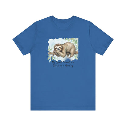 Blue t-shirt with a watercolor sloth on a branch and text "My Spirit Animal is a Sloth on a Monday".