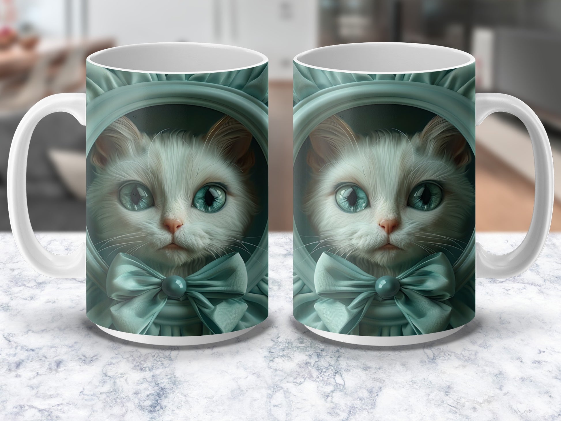 Cute Cat Mug with Bow Tie, Kitten Coffee Cup, Turquoise Cat Lover Gift, Unique Cat Illustration Drinkware, Pet Owner Gift Idea