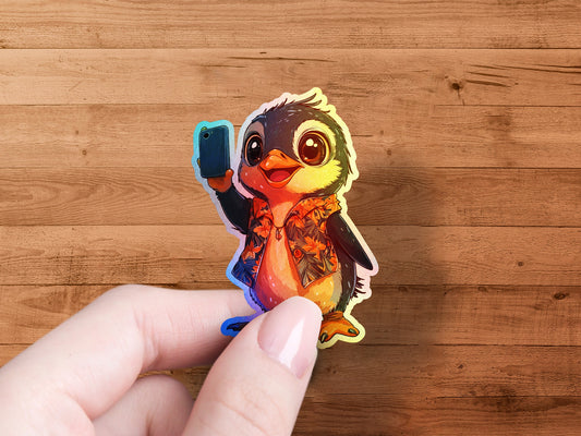Cute Cartoon Penguin Holding Smartphone Sticker product