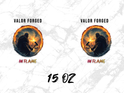 Valor Forged In Flame 15 oz Mug, Fantasy Warrior Silhouette, Fire Circle, Unique Coffee Cup Gift