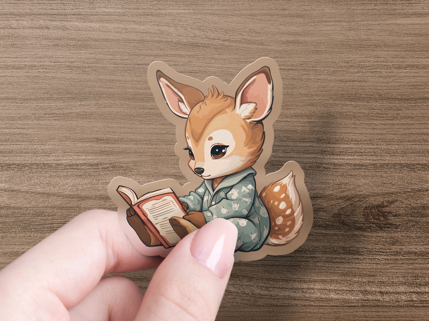 Adorable Reading Fawn Illustrated Sticker product type