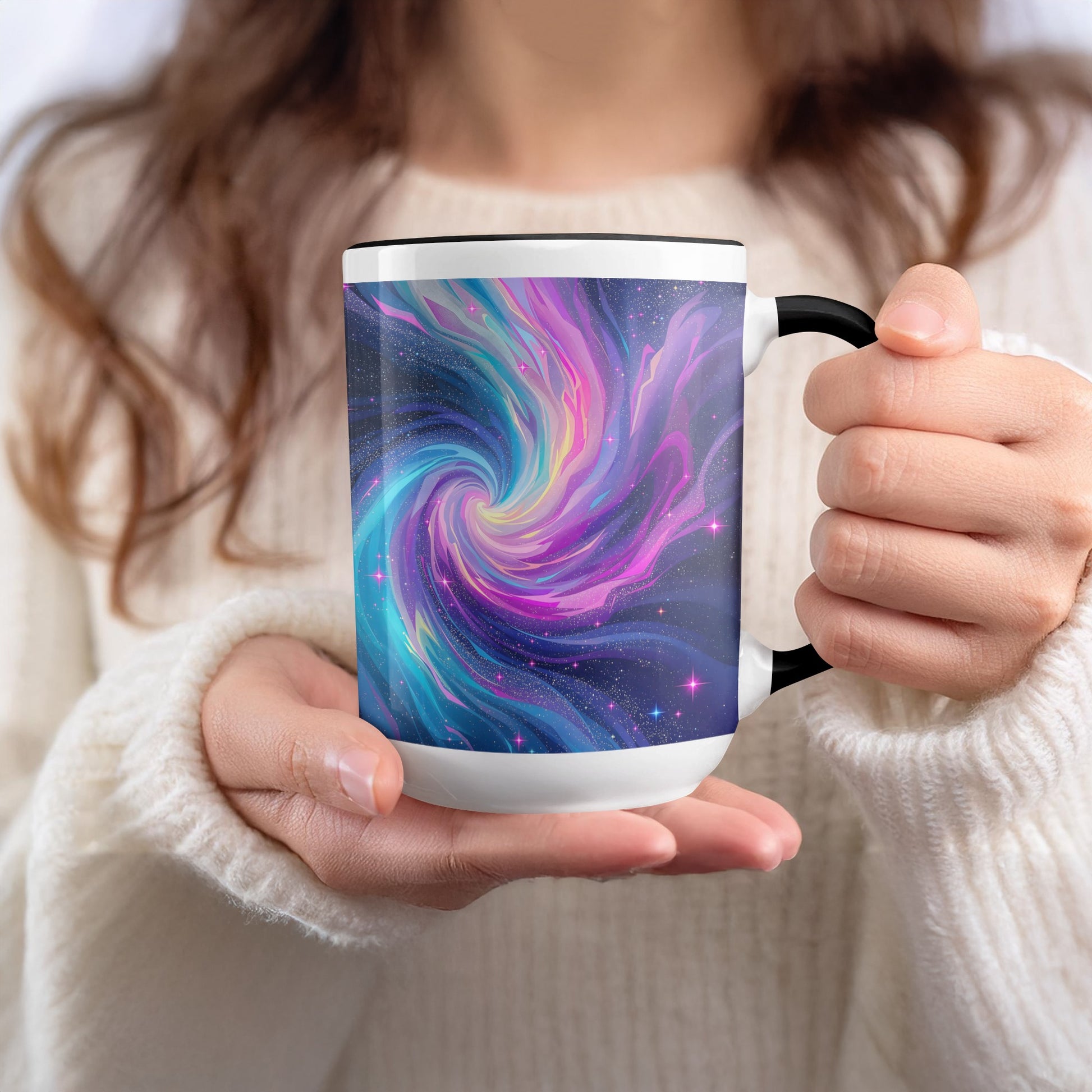 Vivid Galaxy Swirl Print on Black Handle Mug product type