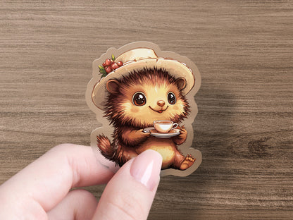 Cute Hedgehog with Hat Holding Teacup Sticker product type