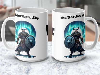Viking Warrior Coffee Mug, Northern Sky Graphic, Norse Mythology Inspired Drinkware, Unique Viking Gift Idea